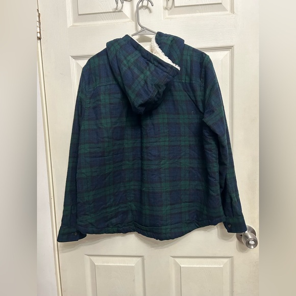 L.L.Bean Flannel Sherpa Lined Hooded Shirt Jacket Blue Green Plaid Large Petite - Picture 7 of 8